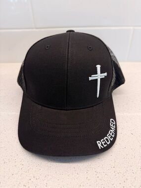 Redeemed Black Trucker Hat with White Cross Embroidery